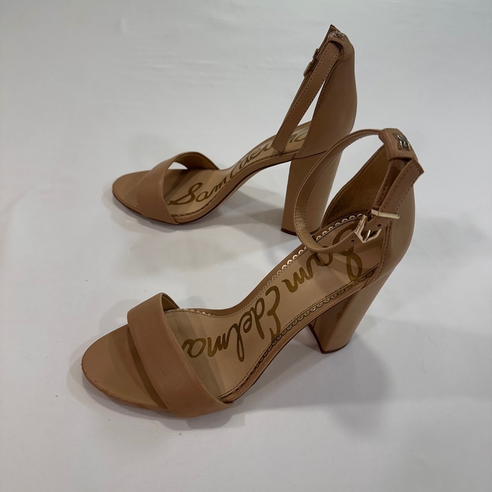 Sam Edelman Yaro Block Heel Sandals Women 7.5‎ Tan Leather Ankle Strap | Classic